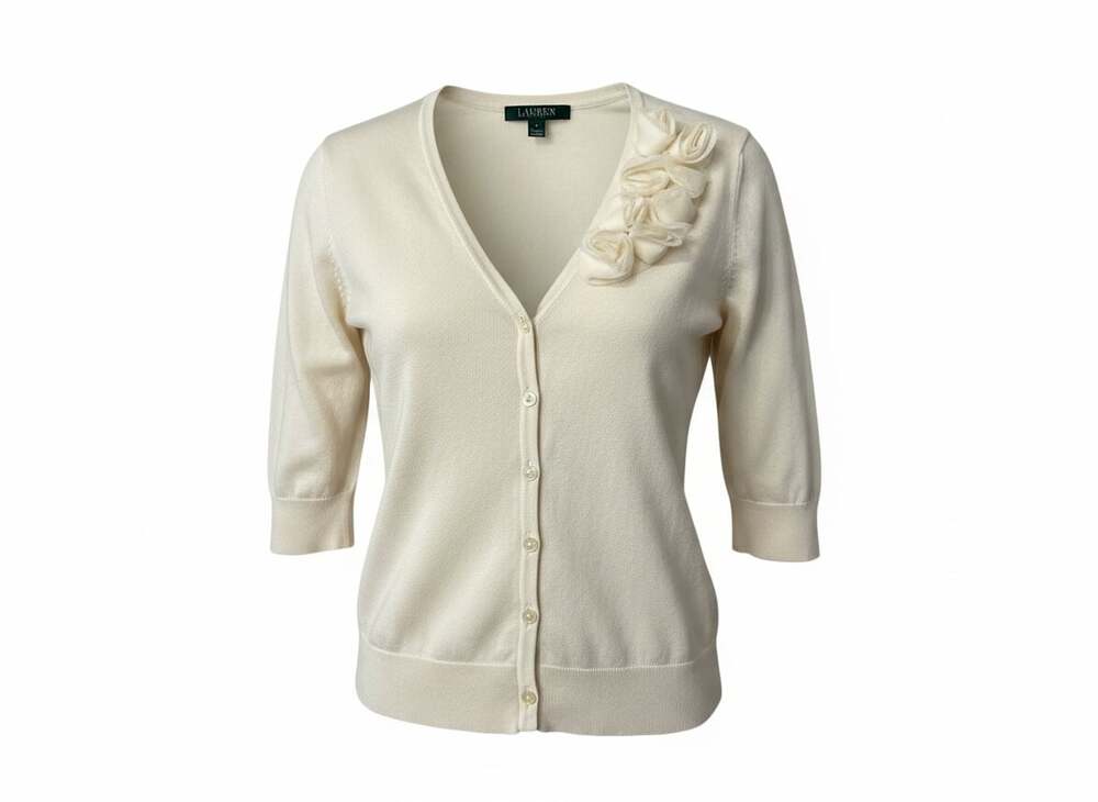 Lauren Ralph Lauren Cream Silk V-Neck Cardigan Rosette Floral Cluster Luxury